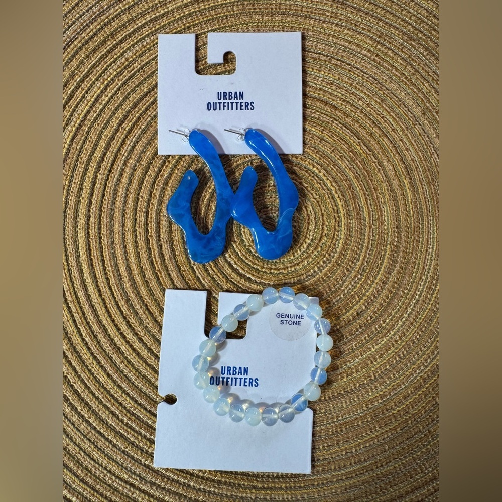 NWT Urban‎ Outfitters Blue Asymmetrical Hoop Earrings and Genuine Stone Bracelet